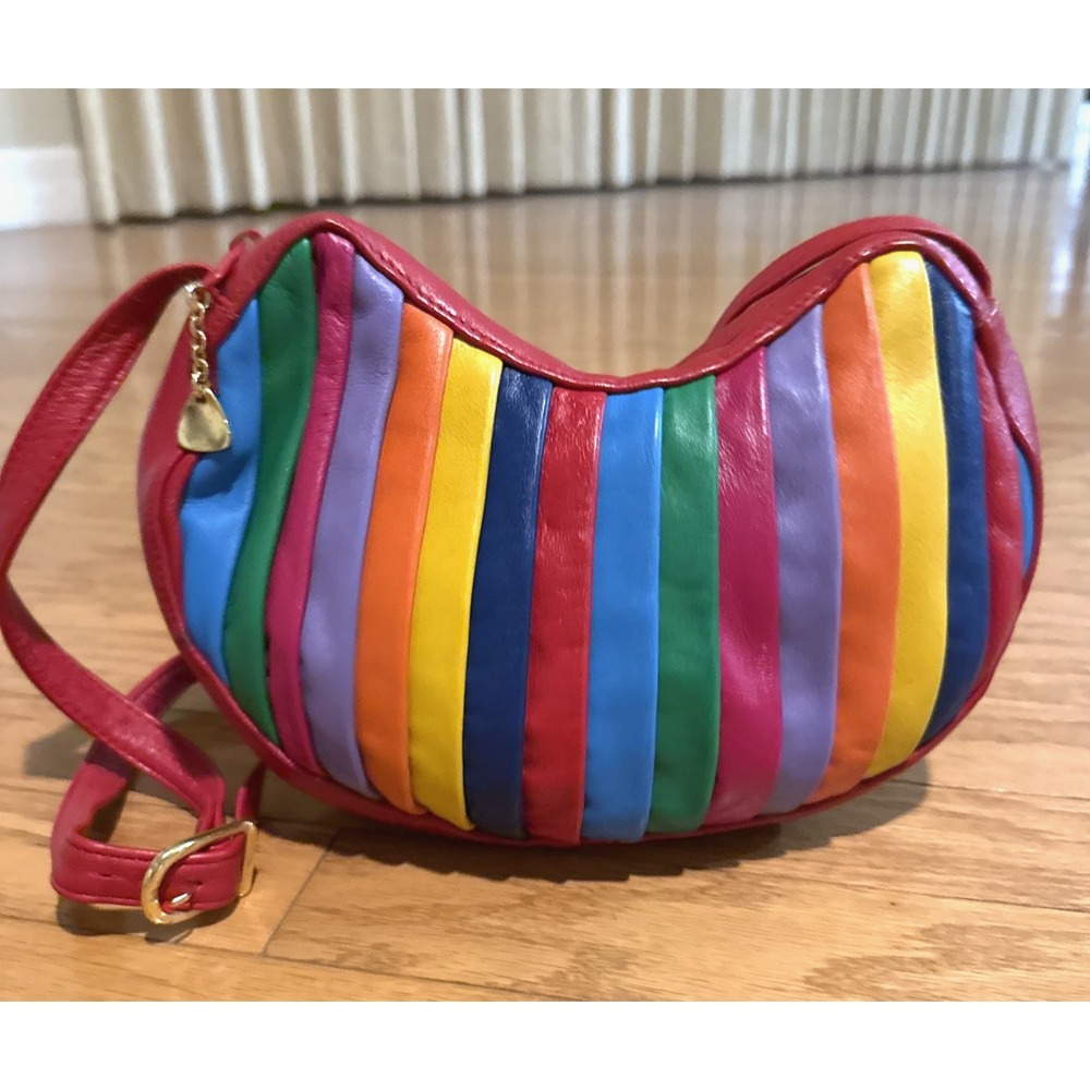 VTG Brio Womens Cresent Rainbow Leather Shoulder Bag Crossbody Multicolor 1980s